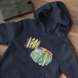 Kids Surf hoodie, Children&#39;s Surf Fleece, Youth Beach Sweater, Kids Beach Sweatshirt, Surfboard Pullover, Surfing Gifts, Surf Board Top