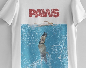 T-shirt Divertente Paws Jaws Cat – Gatto Squalo, Cotone Morbido, Bianca, Unisex 2081 - Foto 5