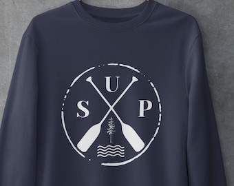 May include: A navy blue sweatshirt with a white graphic of two crossed paddles, a pine tree, and the text "SUP" in a circle.
