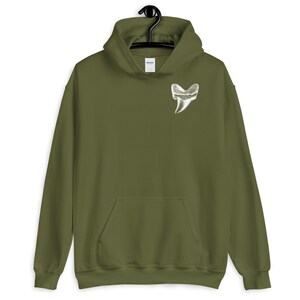 May include: A green hooded sweatshirt with a white graphic of a tooth on the front.