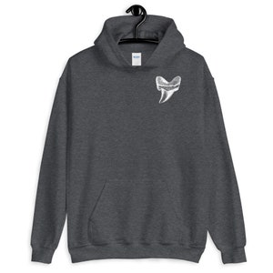 May include: A dark grey hooded sweatshirt with a white graphic of a large tooth on the front.