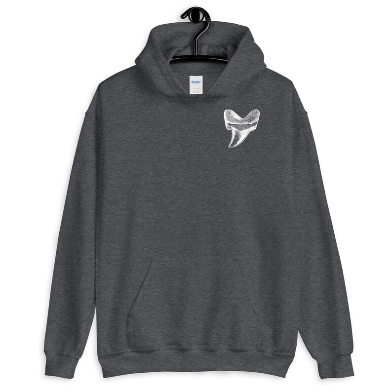 May include: A dark grey hooded sweatshirt with a white graphic of a large tooth on the front.