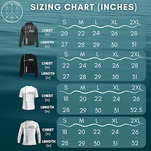 May include: Sizing chart for hoodies, sweatshirts, t-shirts, and long-sleeve shirts in sizes S, M, L, XL, and 2XL. Measurements are in inches for chest and length.
