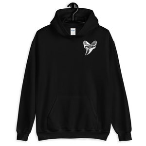 May include: Black hooded sweatshirt with a white graphic of a large tooth on the front.