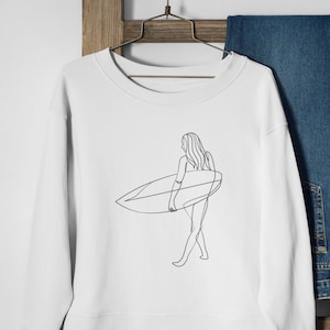 Sudadera de chica surfista de línea continua, sudadera con capucha de arte de línea continua, camiseta de chica surfista, camiseta de surf, jersey de surf, regalos de surf