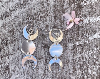 Triple Moon Goddess - Shiny Sterling Silver Sheet earrings