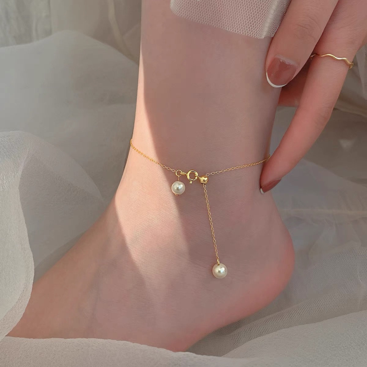 Freshwater Pearl Anklet Waterproof Anklets 14K Gold Filled Chain