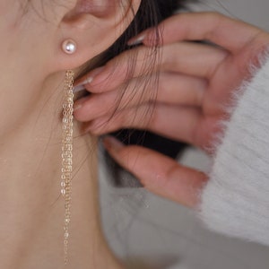 Freshwater Pearl Ear Stud | Earring With Chains| 14K Gold Filled Earring| Earring For Wedding| Gold Filled Chain Earring Drop | Gift For Her