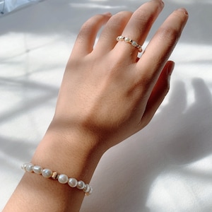 Tiny Pearl Ring | 14K Gold Filled Bead Ring | Adjustable Stackable Ring | Wedding Pearl Stacking Ring | Dainty Pearl Stretch String Rings
