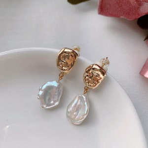 Baroque Keshi Pearls Stud Earring | Natural Freshwater Pearls Dangle | Gold Pearl Drop Jewelry Stud | Modern Ear drop | Gift For Her