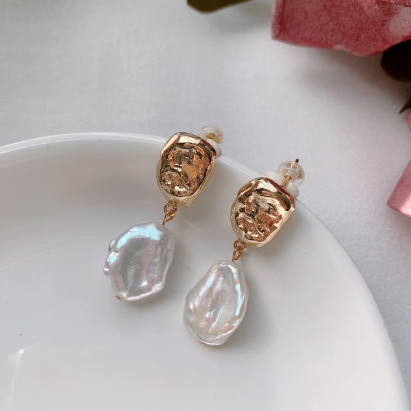 Huge 14x20mm White Natural Freshwater Keshi Reborn Baroque Pearl Dangle Earrings