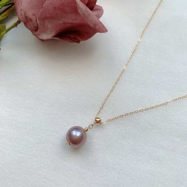 Freshwater Pearl Necklace | Single Pearl Pendant | 14K Gold Filled Chain | Bridesmaid Gift | Purple Pearl Drop Choker | Christmas gift