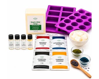May include: A soap-making kit with a block of goat's milk soap, essential oils, powders, and purple silicone molds. Includes tea tree, lavender, rose, and lemon essential oils, plus beetroot, blue spirulina, charcoal, and turmeric powders.