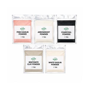 May include: Five sealed pouches of powder, each labelled with the text "The Soapy Biz." The powders include pink kaolin, arrowroot, charcoal, bentonite clay, and white kaolin. Each pouch contains 1 tablespoon of powder.