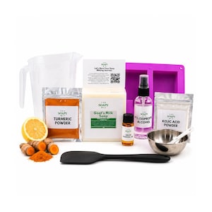 Kit de jabón de cúrcuma y limón con ácido kójico: base de leche de cabra, polvo, aceite esencial, polvo de ácido kójico, molde, jabón artesanal para fundir y verter.