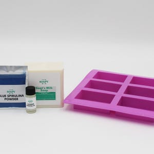 The Soapy Biz Soap Making Kit Blue Spirulina and Lavender | DIY Goat Milk Soap Base, Essential Oil, Powder & Mold | Relaxing Soap Craft Kit