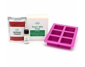 Beetroot & Rose Soap Kit - Goat’s Milk Base, Beetroot Powder, Rose Essential Oil, Silicone Mold, Melt and Pour Handmade Soap DIY
