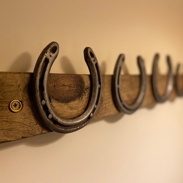 Rustic Reclaimed Horseshoe Coat Hook Wall Rack in Medium Oak Wax