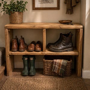 May include: A wooden shoe rack with various footwear, including brown leather boots and shoes, and green wellington boots. A woven basket and a potted plant are also present. The rack is made of light-colored wood.