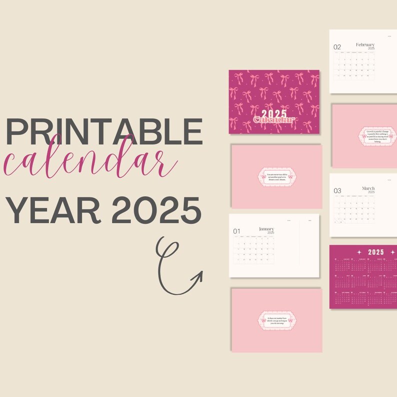 2025 Coquette Printable Calendar With Motivational Quotes | Aesthetic ...