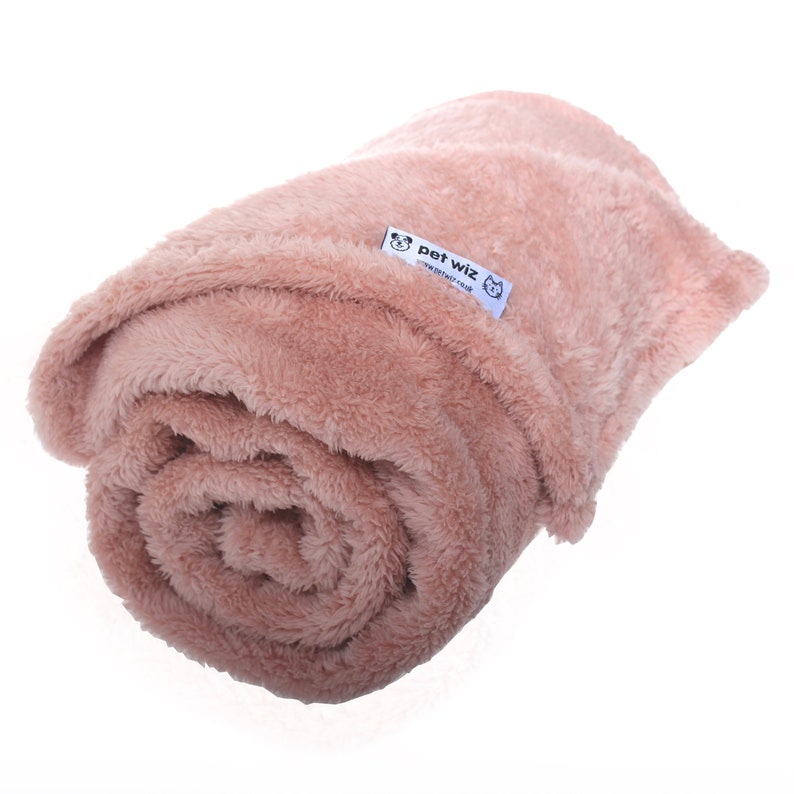 May include: A rolled up pink plush blanket with a white label that says "pet wiz" and a small paw print logo.