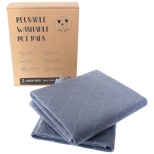 May include: Two large, grey, quilted pet pads folded on top of each other. The pads are in a cardboard box that says "Reusable Washable Pet Pads" and has a logo of a dog with the text "Pet Wiz".