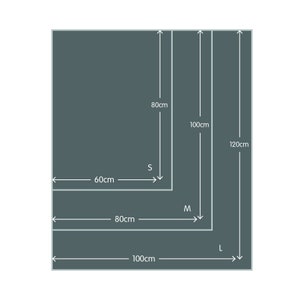 May include: Diagram showing three sizes of a rectangular item, labeled S, M, and L. The S size is 60 cm wide and 80 cm long. The M size is 80 cm wide and 100 cm long. The L size is 100 cm wide and 120 cm long.