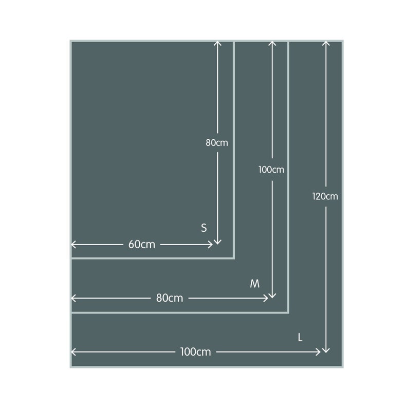 May include: Diagram showing three sizes of a rectangular item, labeled S, M, and L. The S size is 60 cm wide and 80 cm long. The M size is 80 cm wide and 100 cm long. The L size is 100 cm wide and 120 cm long.
