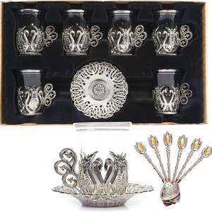 Alisveristime (SET OF 6) Handmade Turkish Tea Water Zamzam Serving Set Glasses Saucer and Spoon (Ottoman) (Silver)