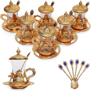 Set of 6 - Alisveristime Turkish Tea Glasses Set with Holders, Saucers, Spoons, 24 Pieces (3.33 Oz) (Gold)