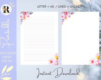 Floral Printable Stationery Paper | Flower Printable Stationary Paper | Watercolor Note Paper | Digital Letter Paper | Instant Download