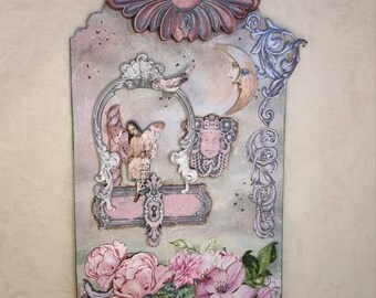 Bild (Layout) in Rosé mit Ornamenten, Elfe und Blüten (Lasercuts), zum Aufhängen, sehr romantisch, toll als Deko oder Geschenk