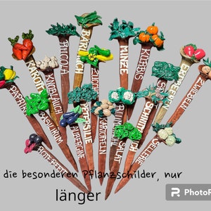 Può includere: Una collezione di 15 segnalini per piante in legno con decorazioni in argilla colorate e lettere bianche. I segnalini sono etichettati con i nomi di diverse verdure e erbe in tedesco, tra cui "Kartoffeln", "Zwiebeln", "Knoblauch", "Paprika", "Minze", "Sellerie", "Basilikum", "Petersilie", "Aubergine", "Rote Beete", "Kürbis", "Salat", "Zucchini", "Rucola" e "Barlauch".