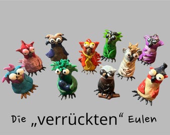 Crazy owls made of polymer clay in various designs, animal figurine, suitable for outdoor use, unique decoration or great gift