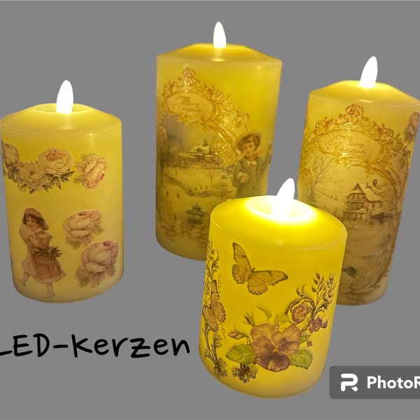 Verschiedene LED-Kerzen, Echtwachs mit Timerfunktion, Motive für Weihnachten, Blumenmotive, tolle Deko oder als Geschenk, Porzellansticker