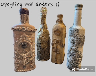 Kreative Flaschen / Vasen in Vintage Optik mit tollen Ornamenten, Blumen und Deko, Upcycling, sehr schön als Geschenk oder Dekoration