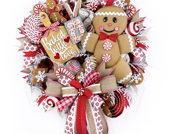 Deluxe Peppermint Gingerbread Wreath for Front Door, Whimsical Red ...