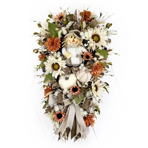 Deluxe Fall Harvest Boy Scarecrow Swag for Front Door, Neutral Fall Floral Decor, Sweater Pumpkin and Pinecone Farmhouse Wreath for Home
