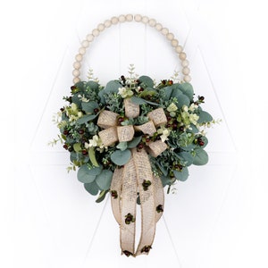 Neutral Farmhouse Wood Bead Hoop Wreath, Sage Green Eucalyptus Wreath with Coffee Bean Berries, Minimalist Home Decor, Greenery Wreath