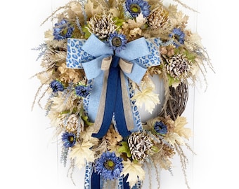 Elegant Boho Glam Blue Fall Wreath for Front Door, Harvest Sunflower Pampas Wreath, Neutral Maple Leaf Decor, Deluxe Chic Autumn Wreath