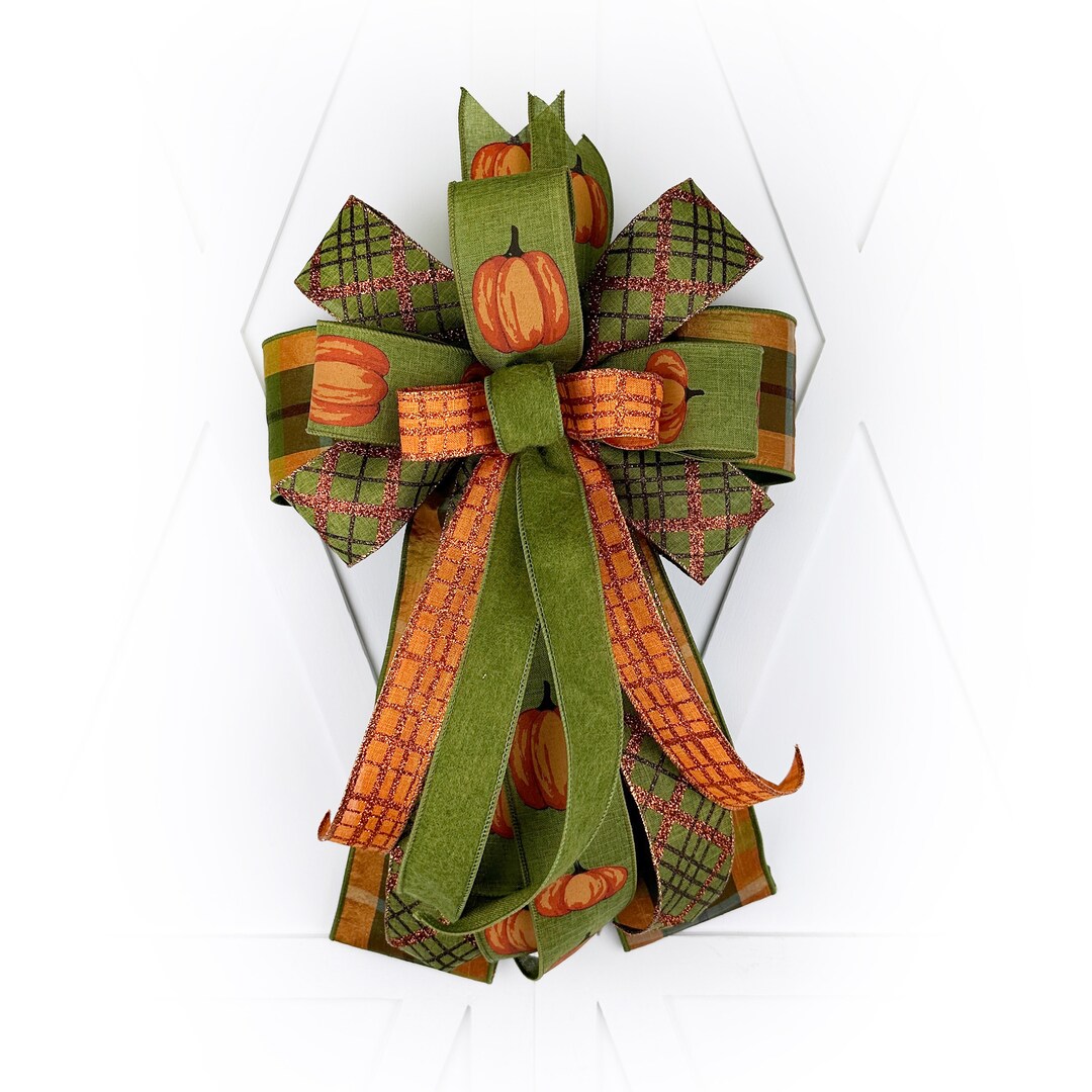 Rustic Fall Bow Rustic Fall Pumpkin Lantern Bow, Decorative Orange and Olive Green ...