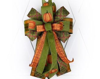 Rustic Fall Pumpkin Lantern Bow, Decorative Orange and Olive Green Wreath Bow, Luxe Plaid Autumn Bow for Front Door or Mailbox, Gift Bow
