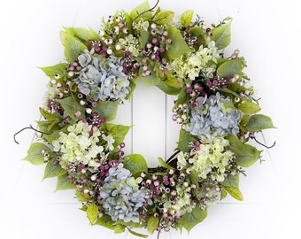 Designer Hydrangea Wreath for Front Door, Deluxe Blue Hydrangea Spring Wreath, Elegant Berry Floral Home Decor Gift, Muted Everyday Wreath