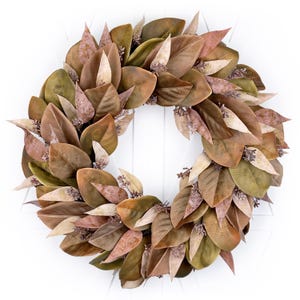 Rustic Fall Magnolia Wreath for Front Door, Autumn Farmhouse Magnolia Leaves Wreath, Brown and Tan Eucalyptus Leaves Door Hanger