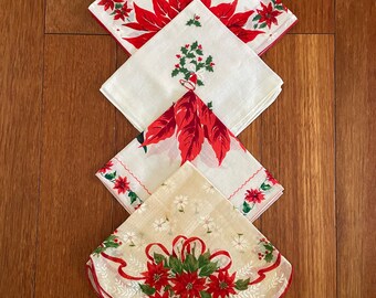 Lot of 4 Vintage Handkerchiefs / Christmas / Poinsettia / Ribbon / Mistletoe Toe / Bell / Lot 222