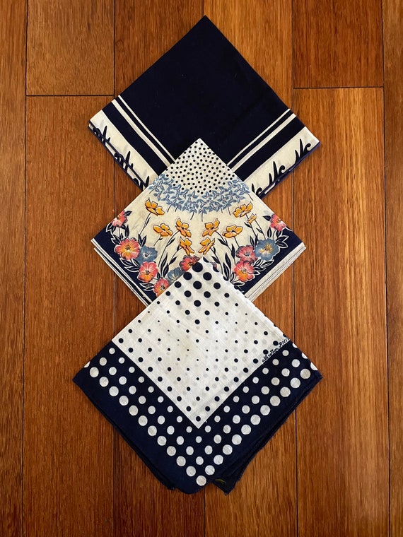 Lot of 3 / Vintage Handkerchiefs / Dark Blue / Po… - image 1