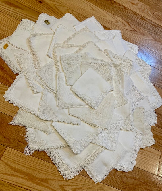 Lot of 10 Vintage White Ivory Handkerchiefs Beauti