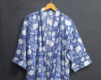 Hand Block Cotton Kimono Robe Dressing Gown, Block Print Bridesmaid Robe, Summer Nightwear, One Size - Blue