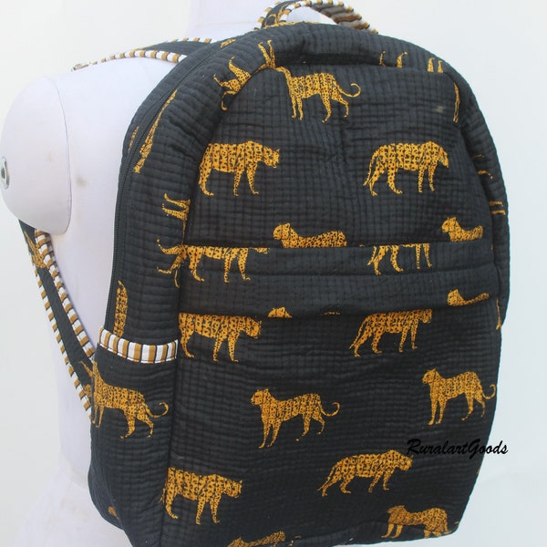 New Tiger Printed Quilted Wash Cotton School College Backpack Bag Handmade Kids Travel bag Jaipur Printed Cotton Bohemian Bag for Boho Women