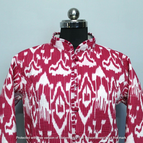 Red Ikat Printed Cotton Quilted Long Jacket Boho Quilted Jacket Full Sleeve Women Winter Wear Cotton Jacket